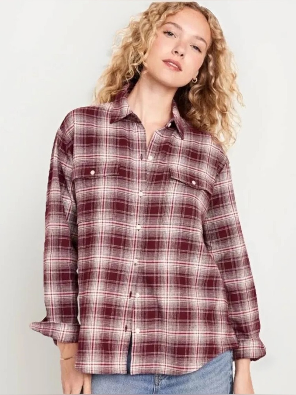 Old Navy The Boyfriend Burgandy & White Flannel Shirt Women’s large